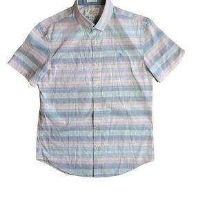 Original Penguin Shirt Mens Medium Blue Pink Striped Heritage Slim Fit Excellent